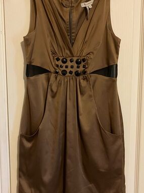 BCBGeneration Brown Sleeveless Satin Midi Dress with Beaded Waist